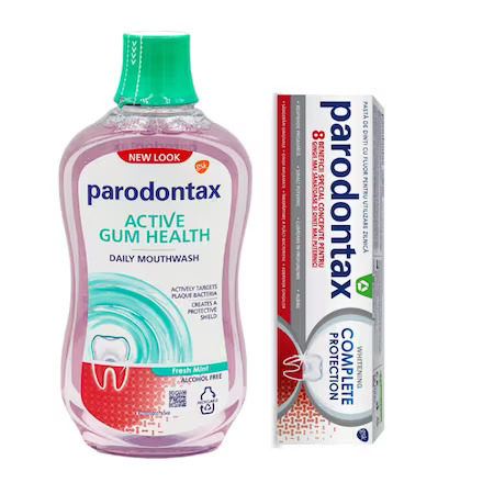 Pachet Pasta de dinti Complete Protection Whitening 75ml + Apa de gura fara alcool Daily Gum Care Fresh Mint 500ml, Parodontax