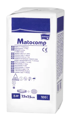 Comprese nesterile tifon 8 straturi 17 fire 7.5x7.5cm, 100 bucati, Matopat