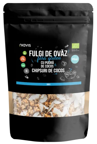 Fulgi de ovaz fini fara gluten cu pudra si chipsuri de cocos Eco, 200g, Niavis