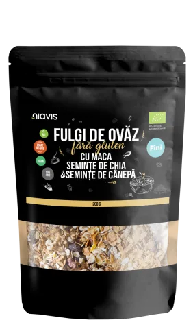 Fulgi de ovaz fini fara gluten cu maca, chia si seminte de canepa Eco, 200g, Niavis