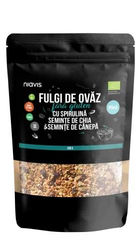 Fulgi de ovaz fini fara gluten cu spirulina, chia si seminte de canepa Eco, 200g, Niavis