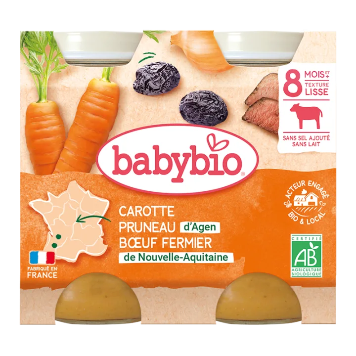 Piure din carne de vacuta, morcovi si prune uscate Bio +8 luni, 2 x 200g, BabyBio