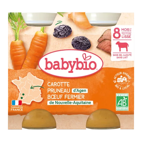 Piure din carne de vacuta, morcovi si prune uscate Bio +8 luni, 2 x 200g, BabyBio