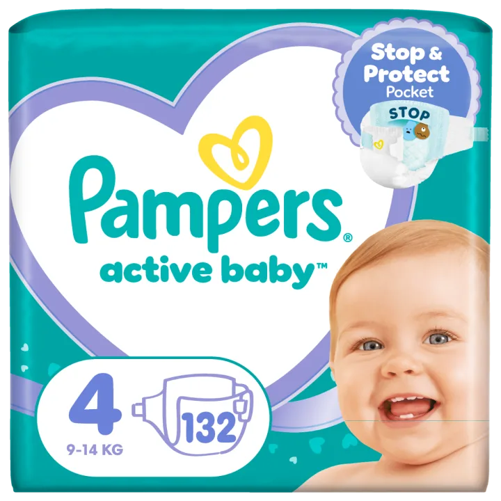 Scutece pentru copii Active Baby Mega Box Marimea 4 9 -14kg, 132 bucati, Pampers