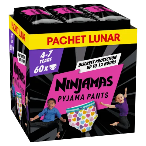 Scutece-chilotel de noapte pentru fetite 4-7 ani 17-30kg, 60 bucati, Ninjamas