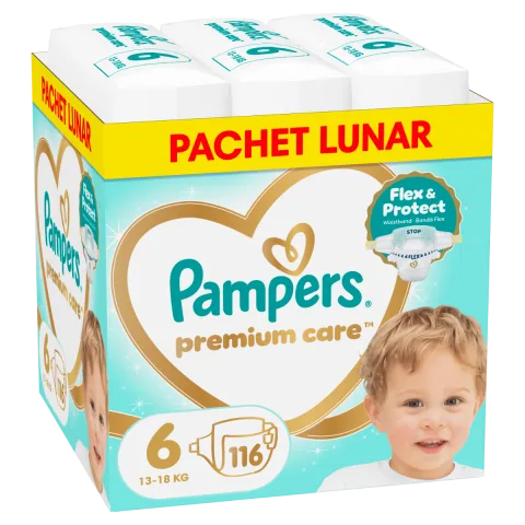 Scutece Premium Care Marimea 6 pentru 13-18 kg, 116 bucati, Pampers