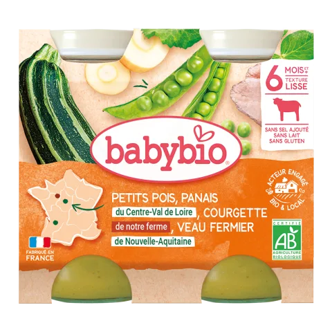 Piure bio din mazare, dovlecel si vitel +6 luni, 2 x 200g, BabyBio
