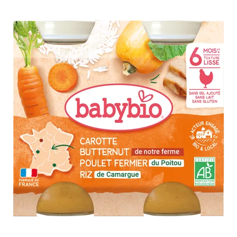 Piure de morcovi, pui si orez Bio, 2 x 200g, BabyBio