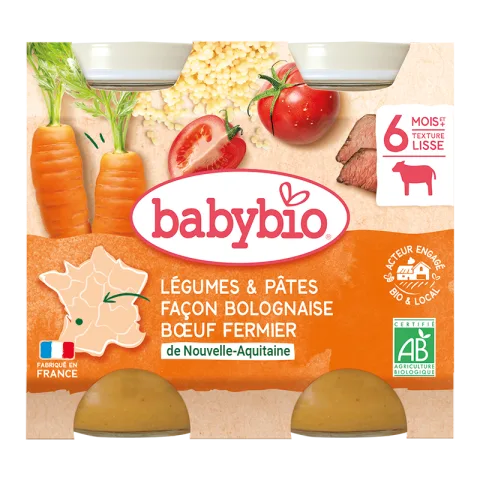 Piure bio de legume si paste in stil Bolognaise +6 luni, 2 x 200g, BabyBio