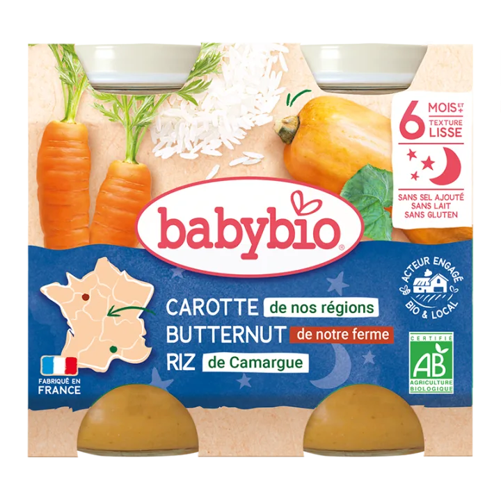 Piure de morcovi, dovleac si orez Bio, 2 x 200g, BabyBio