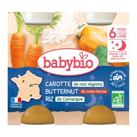 Piure de morcovi, dovleac si orez Bio, 2 x 200g, BabyBio