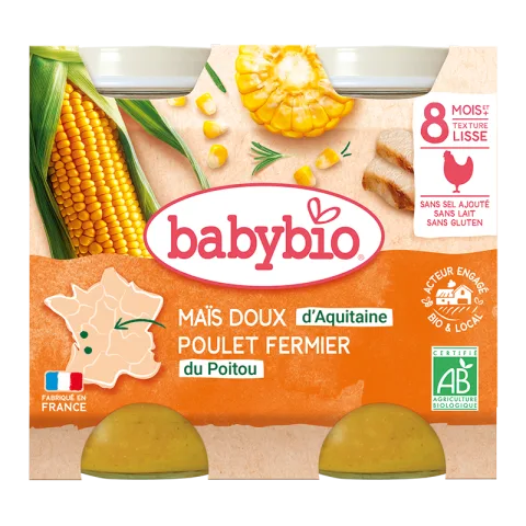 Piure de porumb dulce si pui Bio, 2 x 200g, BabyBio