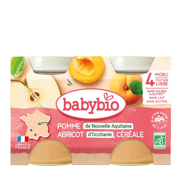 Piure din mere, caise si cereale Bio +4 luni, 2 x 130g, BabyBio