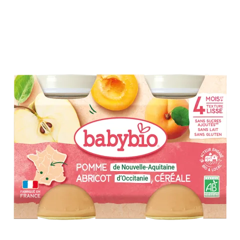Piure din mere, caise si cereale Bio +4 luni, 2 x 130g, BabyBio