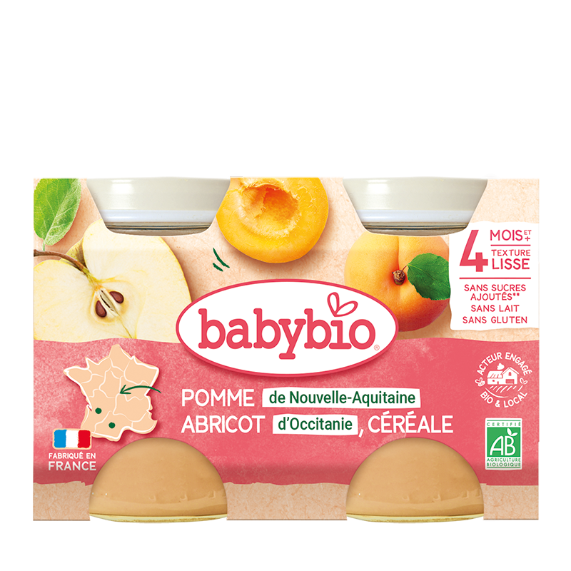 Piure din mere, caise si cereale Bio +4 luni, 2 x 130g, BabyBio
