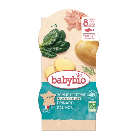 Meniu cu spanac, cartofi si somon 8+ luni, 2 x 200g, BabyBio