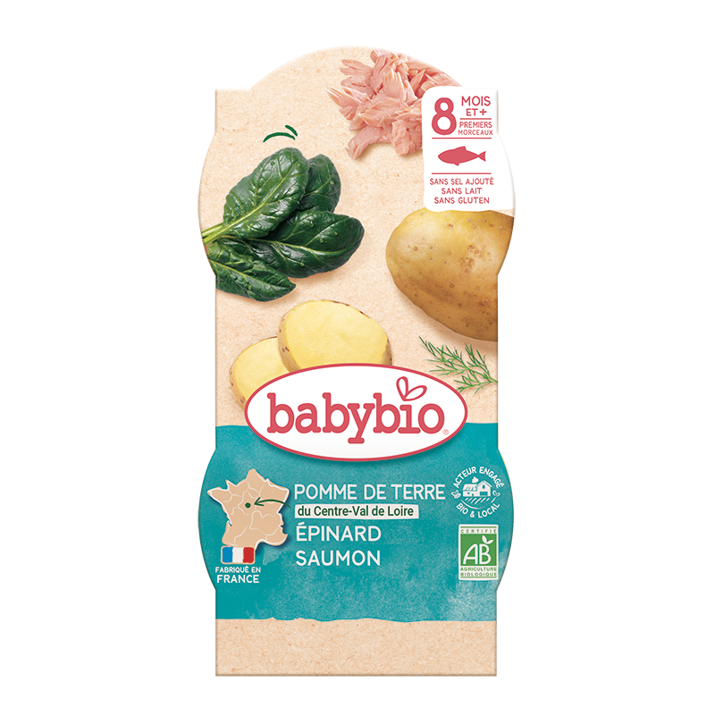 Meniu cu spanac, cartofi si somon 8+ luni, 2 x 200g, BabyBio