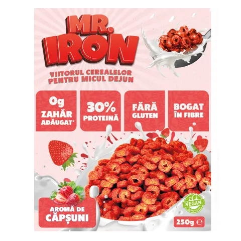 Cereale cu 30% proteina fara zahar low-carb gluten free si vegane Capsuni si Mar, 250g, Mr. Iron