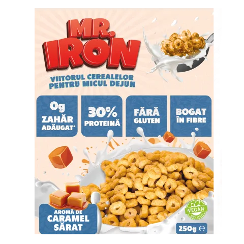 Cereale cu 30% proteina fara zahar low-carb gluten free si vegane Caramel Sarat, 250g, Mr. Iron