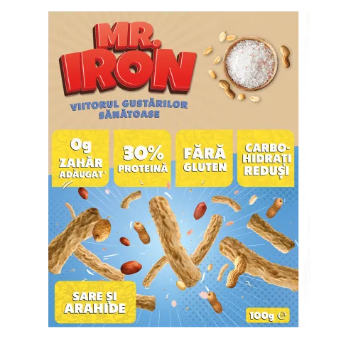 Snack cu 30% proteina fara zahar low-carb gluten free Sare si Arahide Tojos, 100g, Mr. Iron