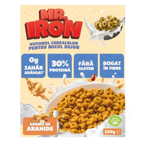 Cereale cu 30% proteina fara zahar low-carb gluten free si vegane Unt de Arahide, 250g, Mr. Iron