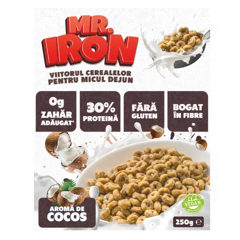 Cereale cu 30% proteina fara zahar low-carb gluten free si vegane Cocos, 250g, Mr. Iron