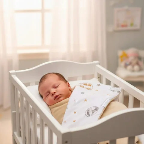 Paturica pentru copii BabyMam Beige Cars, realizata cu doua fete din bumbac si din plus pufos, dimensiune 75 x 50 cm