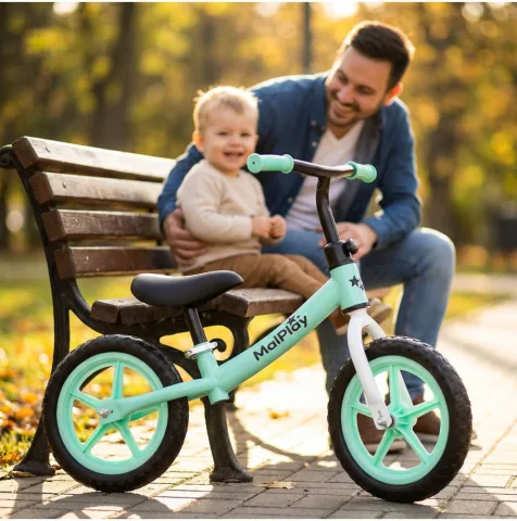 Bicicleta de echilibru fara pedale pentru copii, Malplay Fliki TurquoiseWhite 12 inch, roti spuma EVA, cu saua si ghidonul reglabile